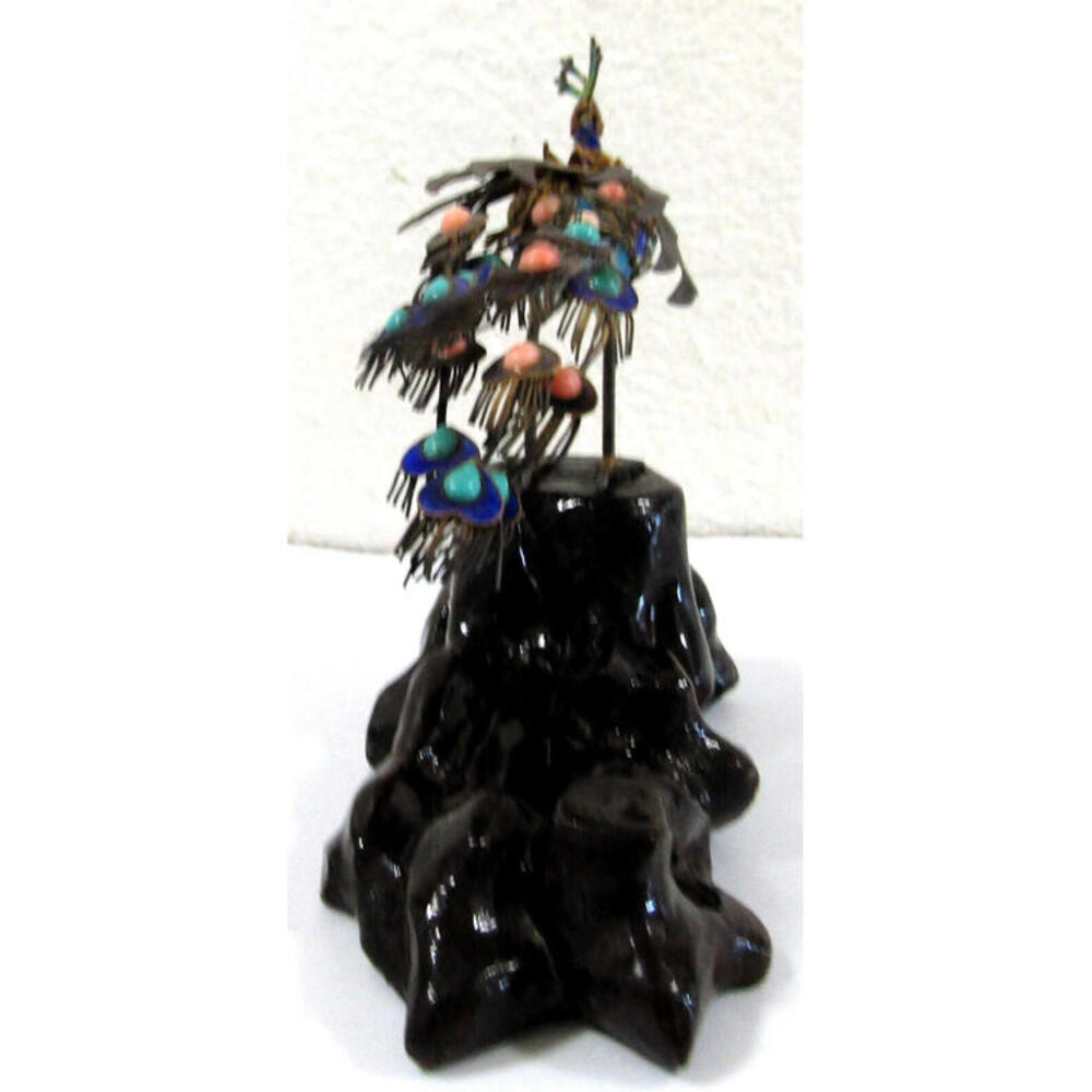Antique Chinese Silver Gilt Cloisonne Jeweled Peacock Bird Sculpture 19th C. - Picture 8 of 16
